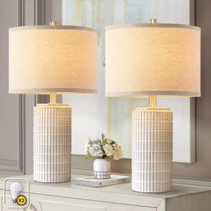 AIEAMPDO 23'' Set of 2 Modern Ceramic Table Lamps for Living Room Bedroom, Nightstand Farmhouse Beige White Desk Lamp for Bedside End Table Entryway, 2 LED Bulbs Included