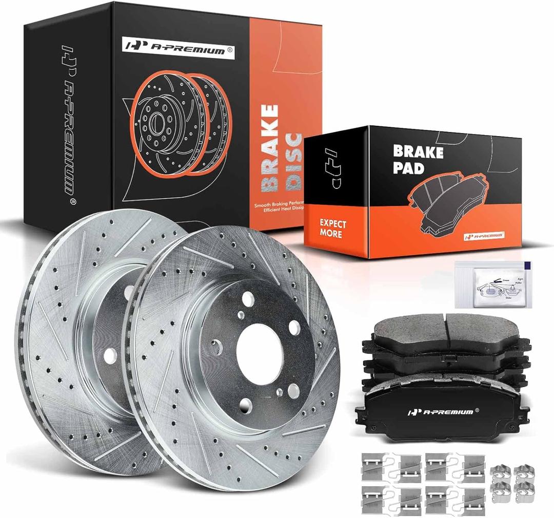 A-Premium Front Drilled and Slotted Disc Brake Rotors + Ceramic Pads Kit Compatible with Toyota, Lexus and Scion Models - RAV4 2006-2018, Prius V, HS250h, xB, 6-PC Set