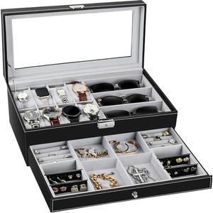 TomCare Watch Box Watch Case Jewelry Organizer Holder Jewelry Display Box Case Sunglasses Storage Organizer Lockable with Glass Top and PU Leather for Men Women, Black