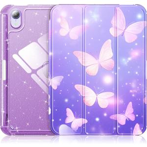 INFILAND for iPad mini 7 Case (A17 Pro), iPad mini 7th / 6th Generation Case 2024/2021 8.3 Inch, Glitter Cute Protective Cover with Clear Sparkle Back for Kids Girls (Purple Flutter)