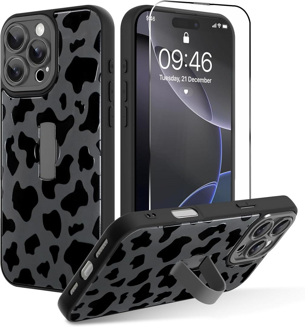 OOK for iPhone 16 Pro Max Case with Screen Protector, Cute Cow Print Design with Adjustable Finger Strap Kickstand Full Body Protection for Women Men Phone Cover-Black