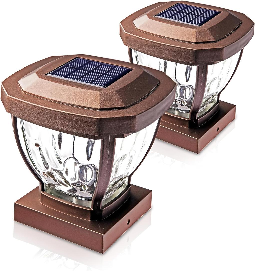 HOME ZONE Security Solar Post Cap Lights - Decorative Glass LED Outdoor 4x4 (3.5 x 3.5 in.) Post Lights, Bronze (2-Pack) (Brown)