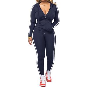 Women 2 Piece Outfits Casual Workout Sets Striped Bodycon Tracksuit Zip Up Long Sleeve Hoodle Jacket Jogger Pant Set (Medium, Navy Blue)