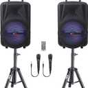 QFX PBX-800TWS 8-Inch TWS Bluetooth Stereo PA System with 2 8" Speakers, 2 Microphones, 2 Stands, and a Remote Control