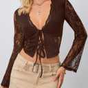 CSDAJIO Women's Sexy Lace Tie Open Front Sheer Mesh Long Sleeve Crop Top Going Out Shirt (Brown, XS)