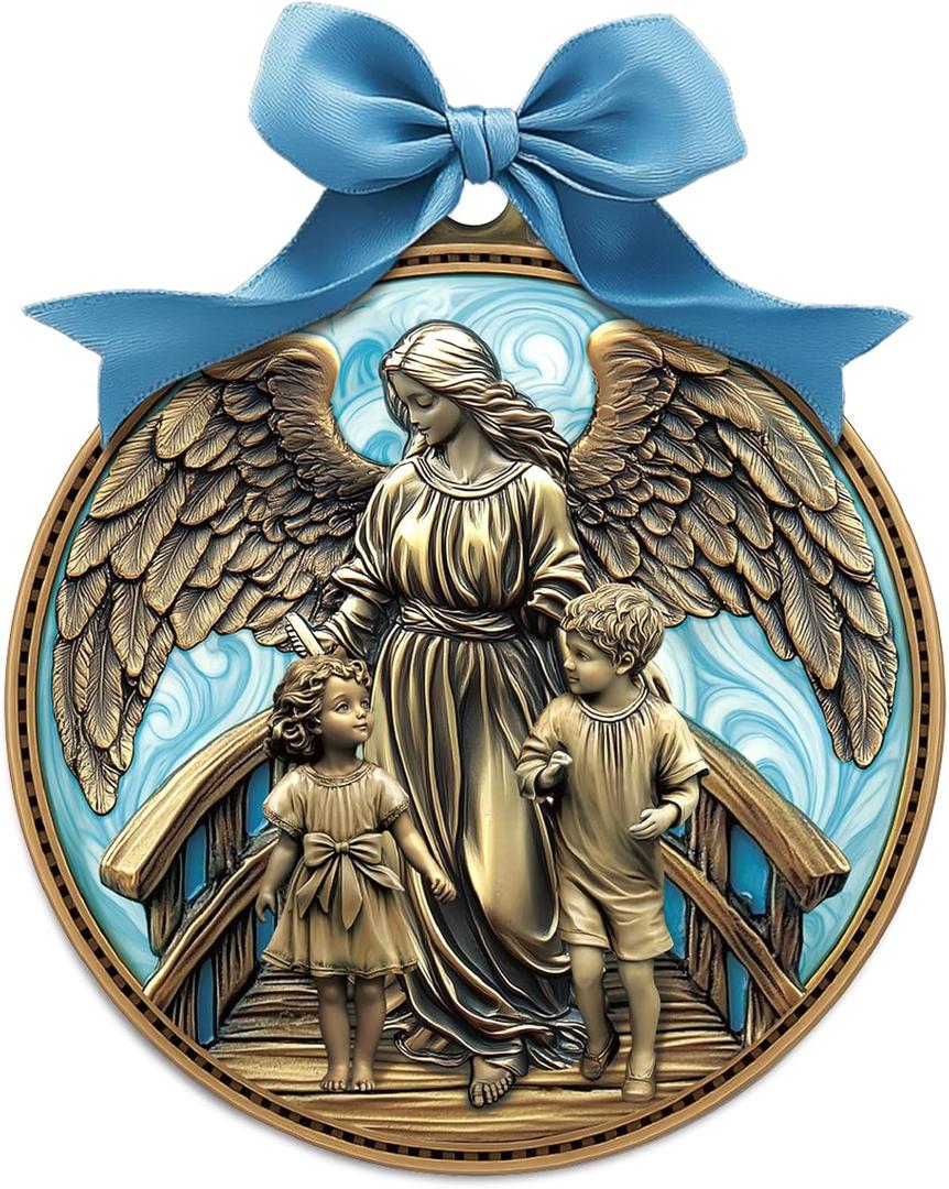 Misdary Guardian Angel Crib Medal Blue Ribbon Round Religious Decor for Baby Nursery Baptism Christening Gift Keepsake Gift, 3 Inch