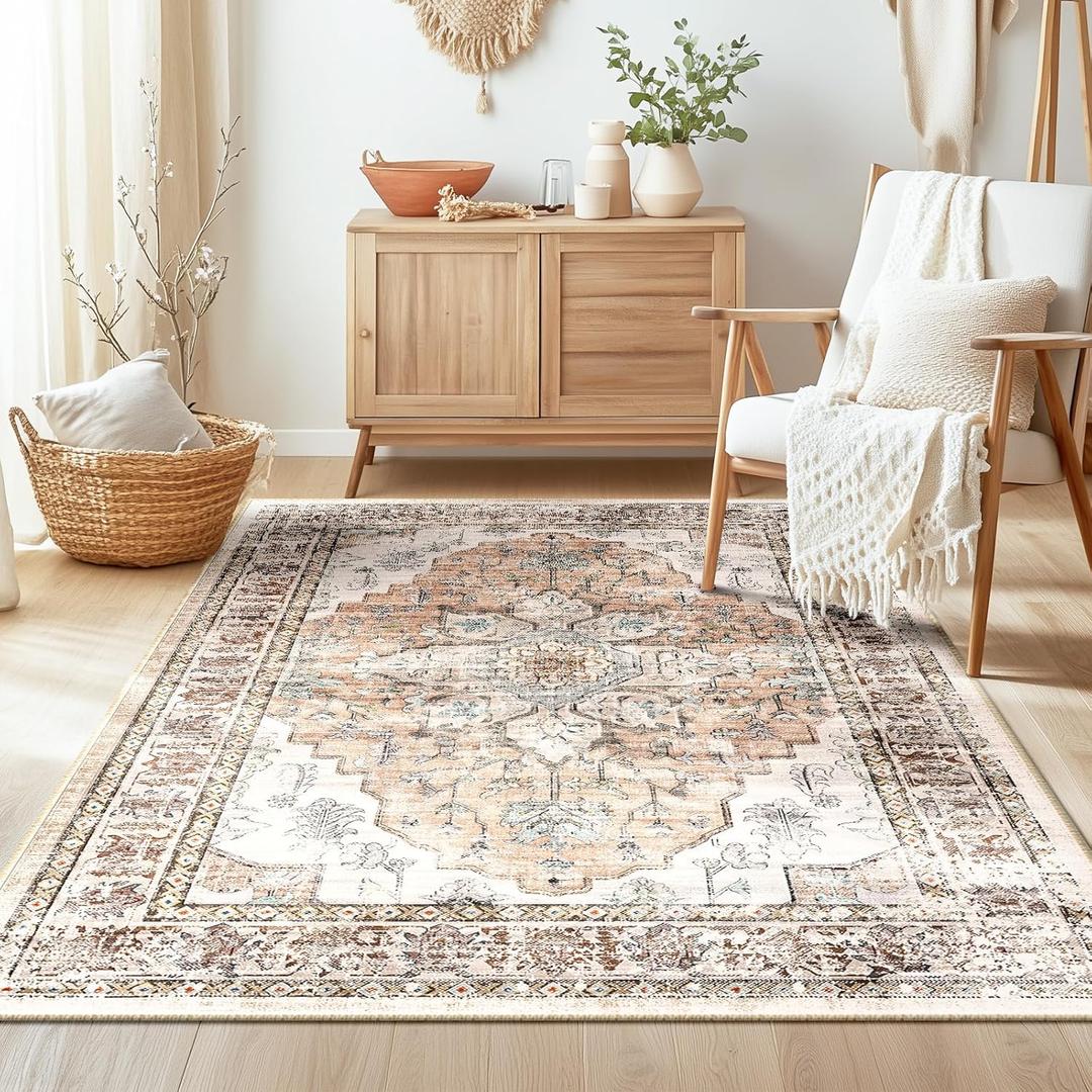 BESTSWEETIE 4x6 Area Rug Washable Rugs for Living Room, No Pile Boho Carpet for Entryway Bedroom Dinning Room, Vintage Carpet Print Distressed Non-Slip, 4 x 6 ft, Orange Pink Brown Earth Tones