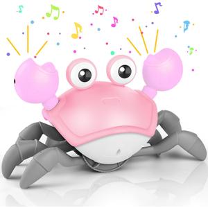 Crawling Crab Baby Toy, Tummy Time Girl Gifts for Babies 3-6 6-12 Month, Light-Up Walking Dancing Moving Crab with Music & Obstacle Avoidance, Rechargeable Musical Toys 1 Year Old Girls Gift (Pink)