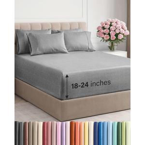 Extra Deep Queen Sheet Set - 6 Piece Breathable and Cooling Sheets - Hotel Luxury Bed Sheets Set - Easy Fit - Soft, Wrinkle Free and Comfy Sheets Set - Heathered Grey Sheet Set with Extra Deep Pockets