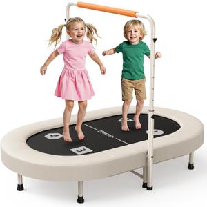 BCAN 56IN 2-Person Kids Trampoline, Safe-Elastic Band Foldable Frame Trampoline for Kids 1-8, ASTM Certified-Toddler Tampoline with Adjustable Stable Handlebar&Thickened Cover,Max Load 220lbs (Beige-Classic)
