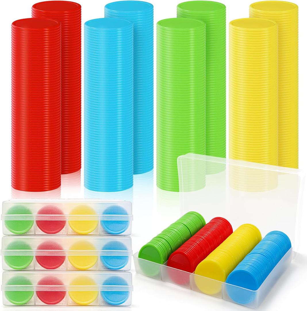 640 Pcs Plastic Poker Chips, 4 Colors Bingo Chips with Storage Box, 1.5 Inch Card Game Tokens, Counter Disk Counting Markers for Math Practice, Opaque Reward Coin for Teaching, Parties, Casino