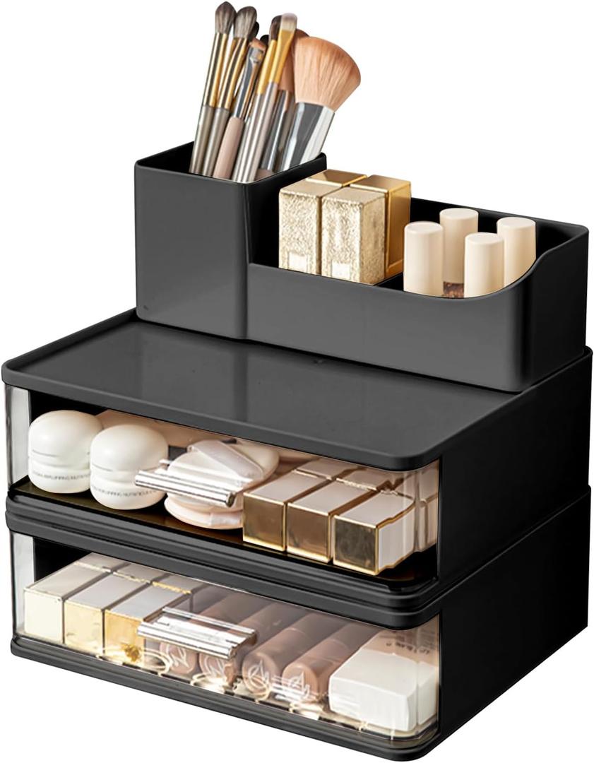 DASITON Makeup Organizer for Vanity with 2 Drawers, Stackable Cosmetic Organizer with Makeup Brush Holder, Plastic Bathroom Organizer Skincare Storage for Brushes, Eyeshadow, Lotions, Lipstick (Black)