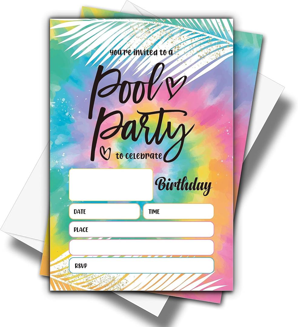ONDTOM Summer Swimming Party Invitations Cards with Envelopes (4" x 6") - 20 Pack - Tie Dye Pool Birthday Fill-in Style Invites for Kids Boys Girls - D04