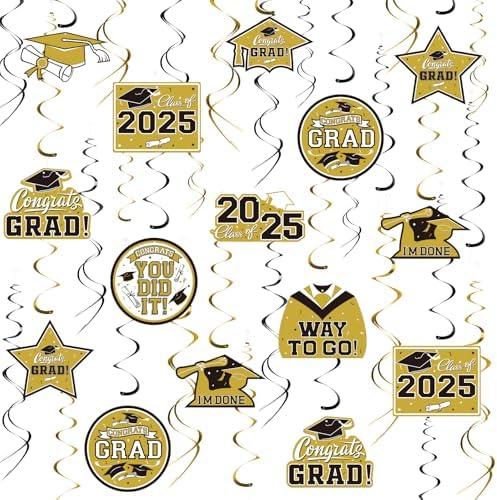 31 Pieces Graduation Decorations Class of 2025, Graduation Hanging Swirl Congrats Grad and Graduation Party Decorations(Gold, Black)