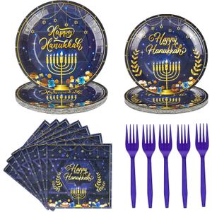 Konsait 80Pcs Hanukkah Plates and Napkins Set - Serve 20 Guests Blue and Gold Happy Hanukkah Plates Paper Goods Party Supplies
