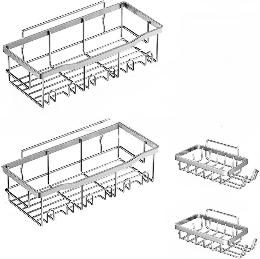 Premium Stainless Steel Shower Box Non-perforated bathroom shelves Shower rack Sticky shower box 5 Pack Stainless Steel Bathtub Organizer Bathroom storage and home dcor (Stainless steel (set of four))