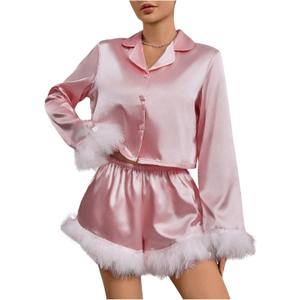 Verdusa Women's 2 Piece Fuzzy Satin Pajama Sets Bridal Pajamas Button Up Shirt with Shorts (Large, Pink)