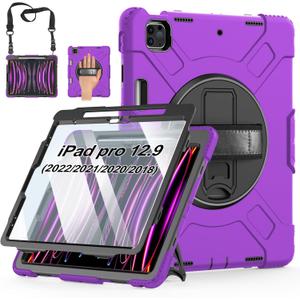 Case for iPad Pro 12.9 2022/2021/ 2020/2018: Cover for iPad Pro 12.9 6th/ 5th/ 4th/ 3rd Generation with Screen Protector- Stand- Pencil Holder- Handle- Shoulder Strap Purple
