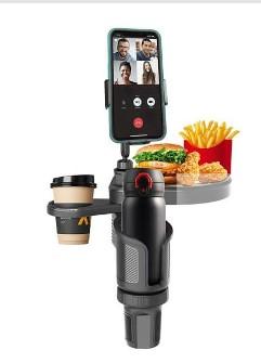 4-in-1 Car Cup Holder Expander with 360 Swivel Tray, Universal Adjustable Base for Large Mugs and Bottles, Integrated Smartphone Mount for Food and Snacks, Black