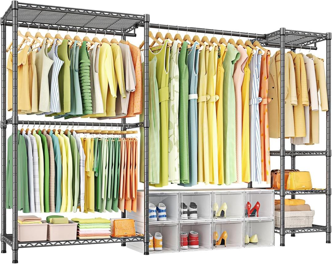 Ulif E10 Clothes RackWith Stretchable Hanger RodFreestanding Clothing Racks for Hanging ClothesAdjustable Closet Organizer SystemPortable Garment Rack 73-97" W x 15" D x 72" HMax Load 800LBSGrey