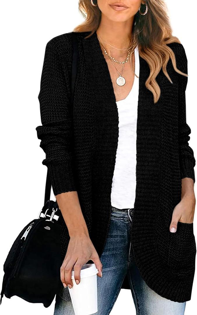 KIRUNDO Cardigan Sweaters for Women 2024 Fall Open Front Long Sleeve Loose Lightweight Knit Sweater Coat with Pockets (Black, S)