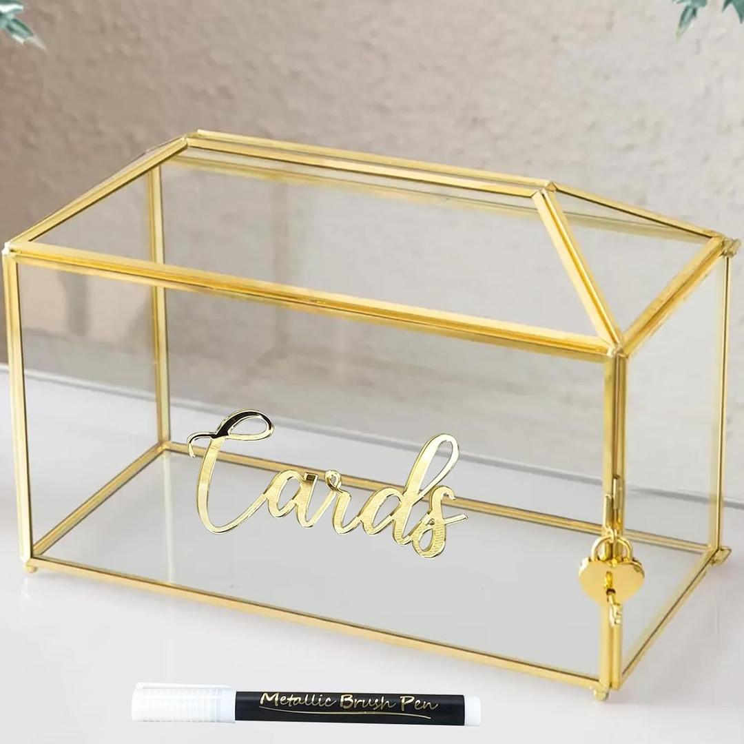 12.6" Wedding Card Box with Lock, Large Gold Metal and Glass Card Box for Party Reception HoneyMoon Fund Box, Wedding, Baby Showers, Birthdays, Bridal or Graduation Party Box