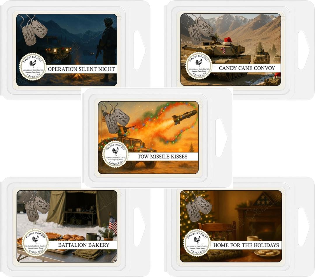 Farm Raised Candles Army Christmas Pack  Christmas Military Gift 5-Pack Soy Wax Melts | 15 oz Total (3 oz Each) | Holiday Scents for Living Room & Home | Fresh from The Farm