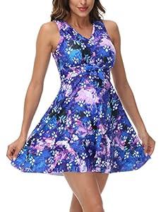 Kate Kasin Women's Two Piece Swimdress Bathing Suits Tummy Control Back Cross Flowy Swimsuits with Boyshorts Swimwear Blue Floral, XL