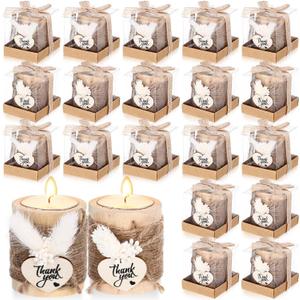 MTLEE 20 Sets Baptism Candle Favors for Guests Wooden Candle Holders with Tealight Candles Tags and Gift Boxes for Baptism Wedding Party Baby Shower Souvenirs (White1,Thank You)
