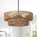 MeiShiDeng 22'' Large Boho Rattan Chandelier, 5-Light Drum Pendant Light