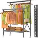 vallume Clothes Rack, Double Rods Clothing Racks with Wheels, Adjustable Wardrobe Coat Rack with Bottom Shelves Extendable Bar, Heavy Duty Rolling Clothes Organizer Collapsible Standing Garment Rack (Grey)