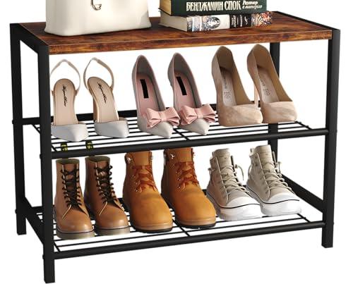 Yusong Shoe Rack Organizer, 3 Tier Industrial Shoe Storage Shelf for Closet Entryway, Narrow Sturdy Metal Shoe Shelves, Rustic Brown