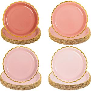 AimFun 48 Pcs Dusty Pink Scalloped Party Plates Valentines Day Gold Foil Border Paper Plates Disposable 9 Inch Gradient Serving Plates for Birthday Wedding Bridal Baby Shower Party Supplies