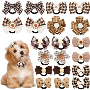 20 Pcs Brown Dog Hair Bows with Rubber Bands, Flower Bowknot Design Adorable Dog Hair Accessories for Small and Medium Dogs, Ideal for Pet Grooming, Parties and Daily Wear