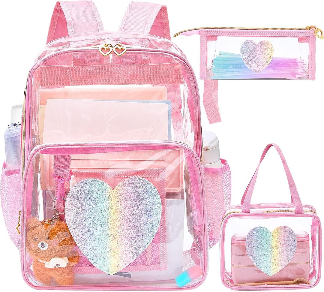 Eccliy 3 Pcs Clear Backpacks for Kid School, Heavy Duty 17 Inch Transparent Backpack with Lunch Bag and Pencil Bag(Rose Pink,Rainbow Heart), 11 Inch