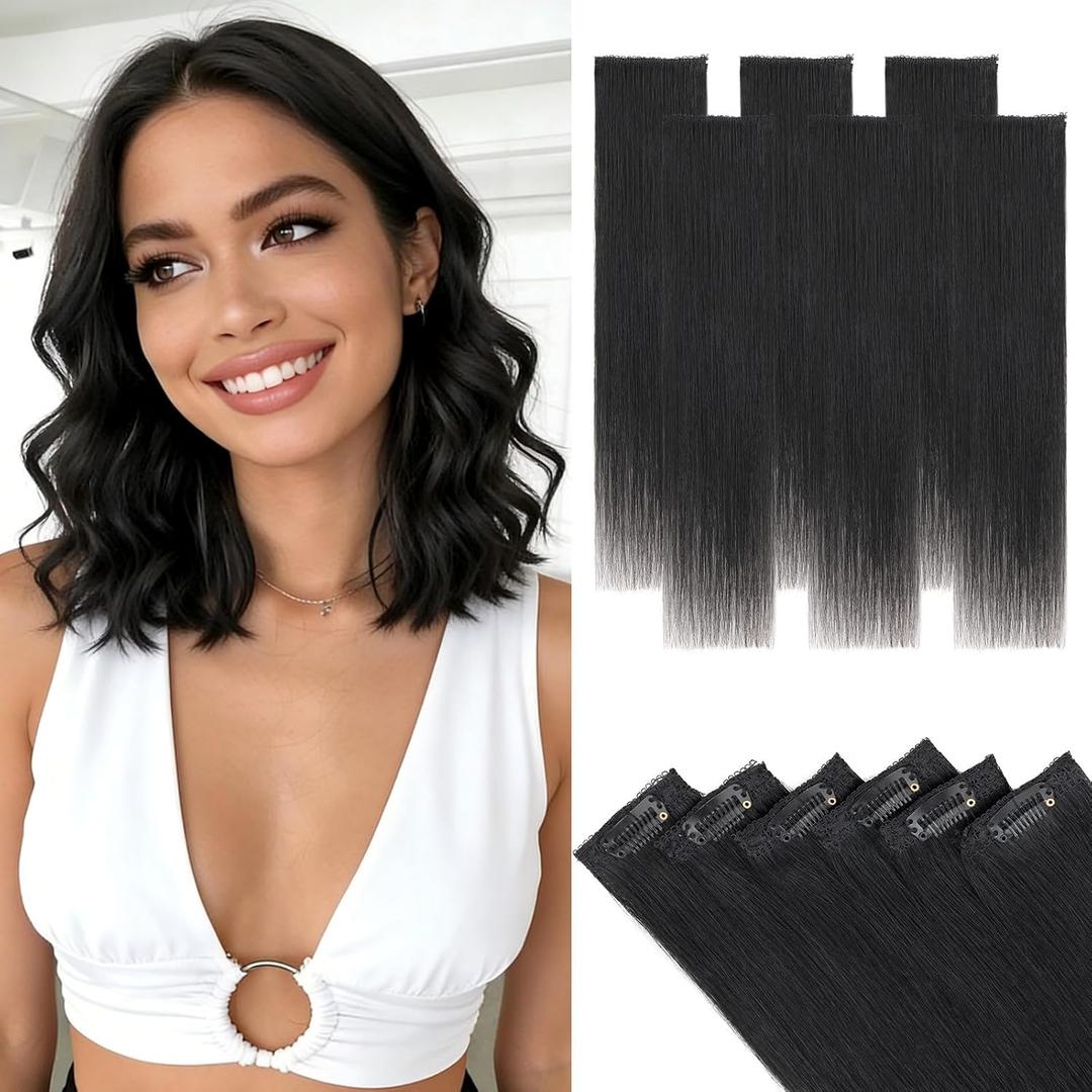 Hairro 6pcs Clip In Short Human Hair Extensions, Single Clip Design 100% Real Hair with Lace Weft, Seamless Thin Hairpieces Add Highlights, 10 Inch Short 31g #01 Jet Black