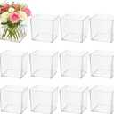 12Pcs Clear Square Vase, 5 x 5 in Acrylic Plastic Flower Vases for Centerpieces, Small Cube Container Bulk Succulent Pots Planters, Plastic Cube Floral Containers for Wedding Home Office Decor