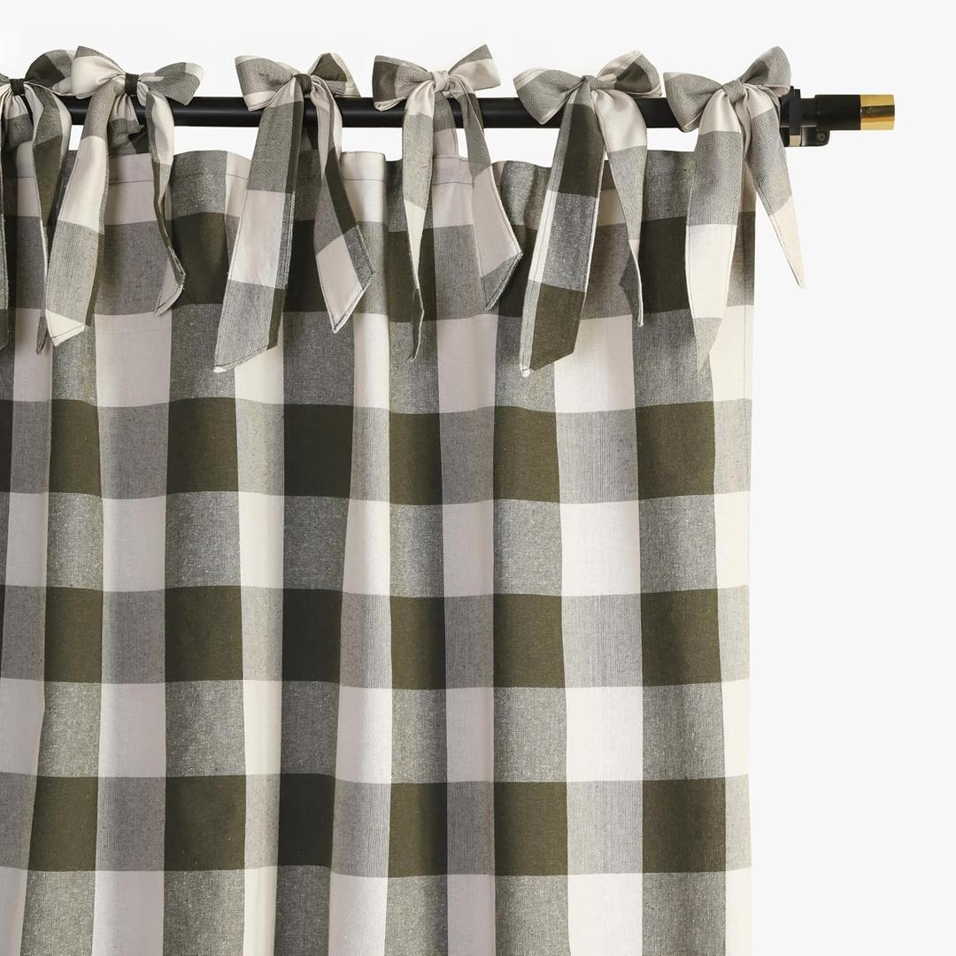 THE ART BOX Farmhouse Buffalo Plaid Check Tartan Curtains, Light Filtering Window Drapes for Living Room & Bedroom, Woven Plaid Pattern with Bow Tie Top, 2 Panels, 42" x 63", Green