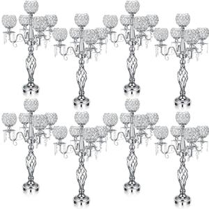Nitial 8 Pcs 5 Arm Crystal Candelabra Centerpieces for Table 27 Inch Retro Victorian Crystal Candle Holders Bowl Table Centerpieces Decor for Wedding Banquet Valentine Dinner Party Event (Silver)