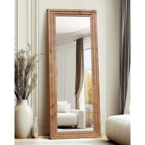 Full Length Mirror 65"x22" with Stand Solid Wood Frame Floor Large Mirror for Living Room, Bedroom Hanging Standing or Leaning Wall-Mounted, Light Brown