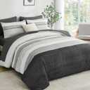 Drucon Black and Grey Comforter Set Queen Size 7 Piece Bed in a Bag, Boho Striped Bedding Set, Soft Microfiber Comforter and Sheet Set for All Season (Queen, 90"x90")