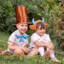 3Pcs Brown Top Hat Costume Kit Brown Stovepipe Hat Blue Bow Tie Ears and Bull Horns Headband for Halloween Cosplay Supplies