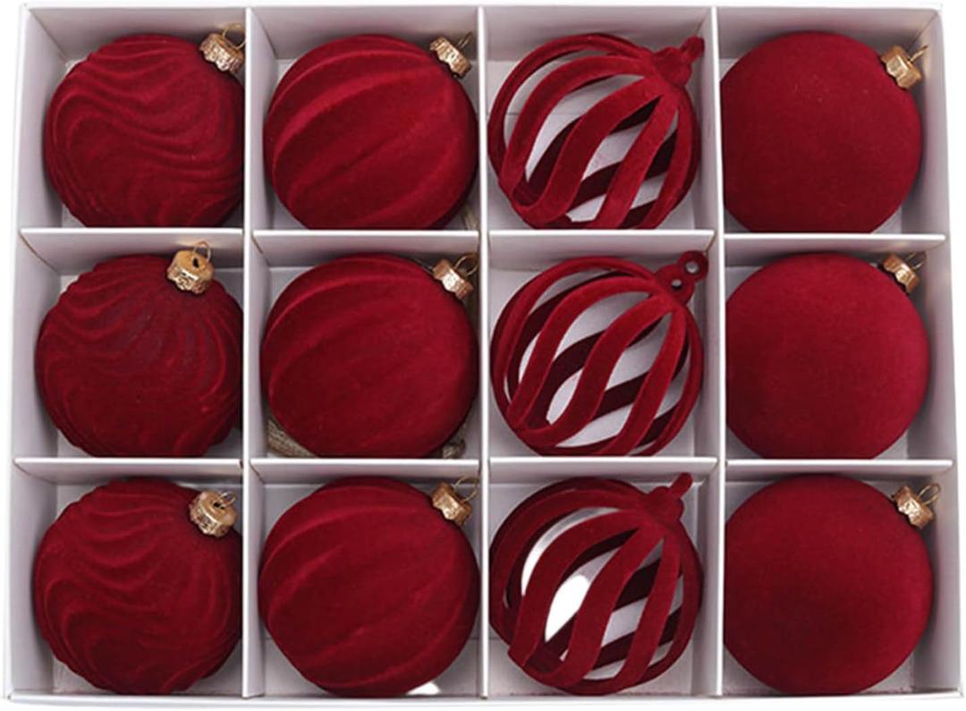 Velvet Ornaments for Christmas Tree, 12 Pcs Red Flocked Shatterproof Christmas Balls Set, Elegant Xmas Baubles for Holiday Home Decor, Party, Wedding, Office & Indoor Decorations