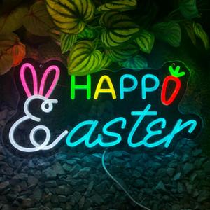 Happy Easter Neon Sign, Rabbit Shape Dimmable LED Easter Yard Sign Light, Easter Neon Sign for Wall Room Windows Lawn Party Decorations Easter Hanging Sign for Spring Front Yard Sign