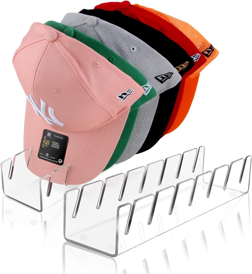 Hat Stand for Baseball Caps, 2 Pack No Install Acrylic Hat Organizer for 14 Baseball Caps Storage Organizer, Hat Racks Hat Holder Display and Organization for Closet, Bedroom, Dresser (Clear-2Pack)