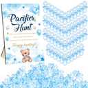 Thyle 51 Pcs Blue Bear Pacifier Hunt Baby Shower Games Include Neutral Bear Themed Hunt Sign and 50 Acrylic Pacifiers for Blue and Brown Baby Shower Game Decoration Gift Sets Gender Reveal Party Decor