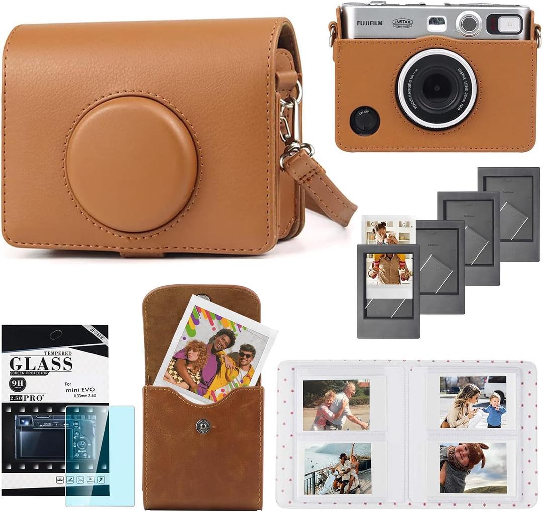 CAIYOULE Case for Fujifilm Instax Mini EVO, Protective PU Leather Carrying Bag with Mini Photo Pouch, Album, Frames, Screen Protector Accessories Kit - Vintage Brown