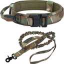 2 x Tactical Dog Collar and Leash - Thick Military K9 Collar - Includes Matching Bungee Leash - Adjustable, Army Grade Nylon Khaki, Control Handle and Heavy Duty Metal Buckle for Dog (Army, L)