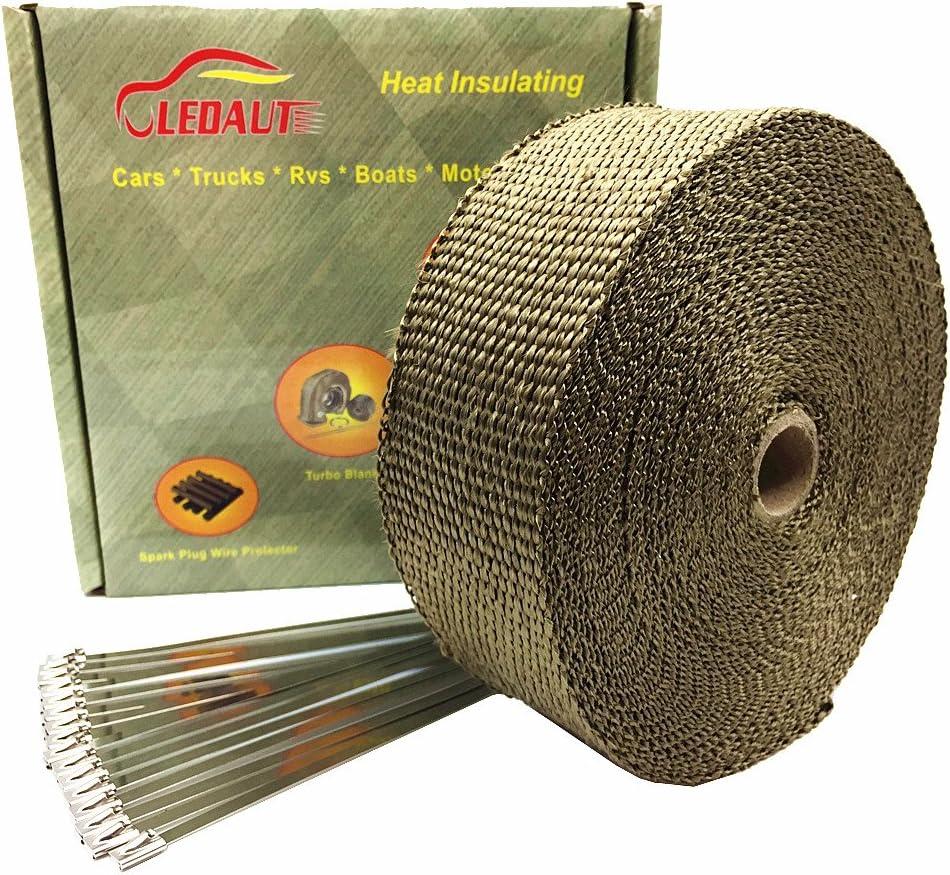 LEDAUT 2" x 50' Titanium Exhaust Heat Wrap Roll for Motorcycle Fiberglass Heat Shield Tape with Stainless Ties