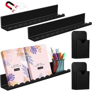 Chunful 5 Pcs Magnetic Book Shelf for Whiteboard 3 Pcs Acrylic Black Floating Magnetic Book Display Shelf and 2 Pen Holder for Classroom, Office, Refrigerator